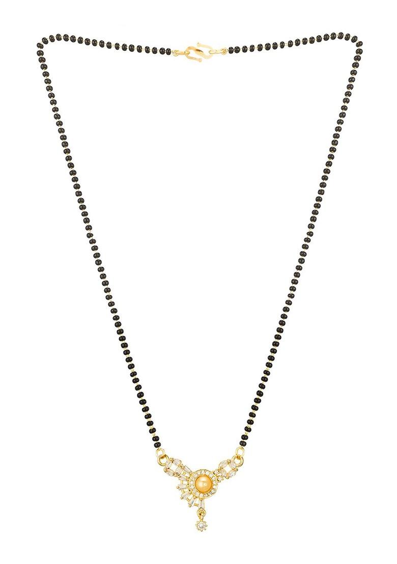Woman Gold Plated Black Beaded And White Stone Studded Mangalsutra
