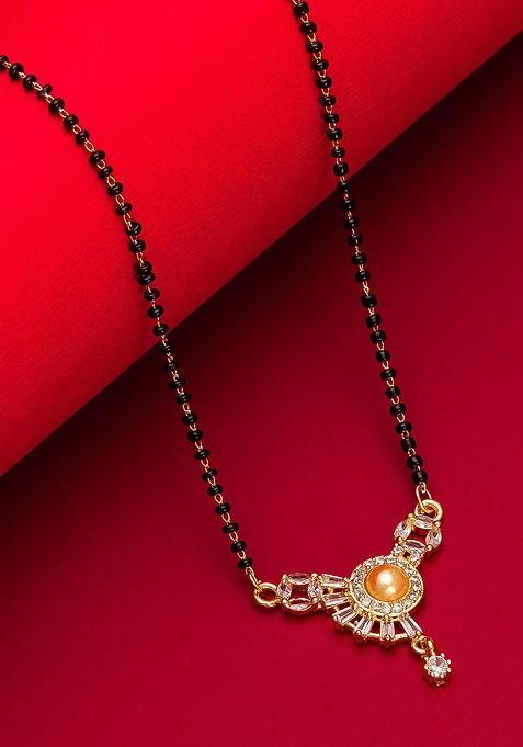 Woman Gold Plated Black Beaded And White Stone Studded Mangalsutra