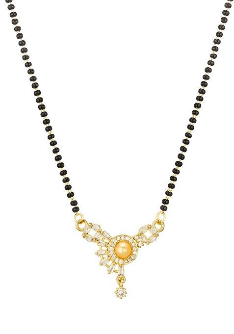 Woman Gold Plated Black Beaded And White Stone Studded Mangalsutra