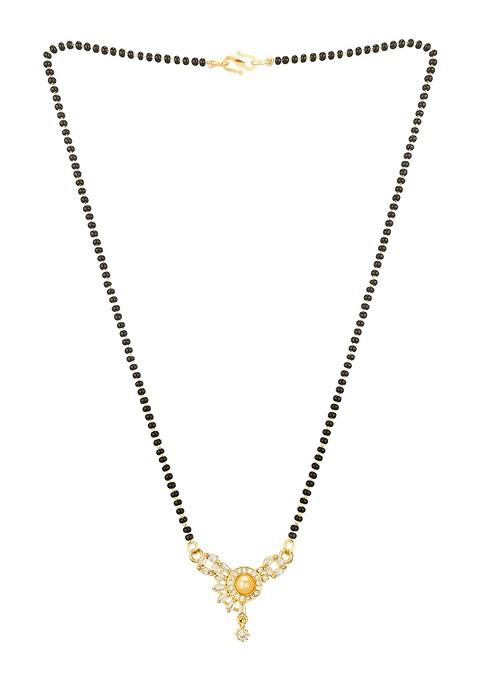 Woman Gold Plated Black Beaded And White Stone Studded Mangalsutra