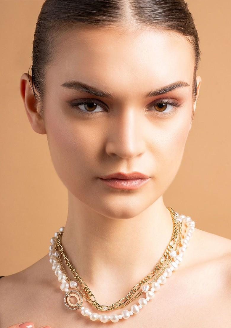 Gold Plated White Handcrafted Multi Layered Necklace