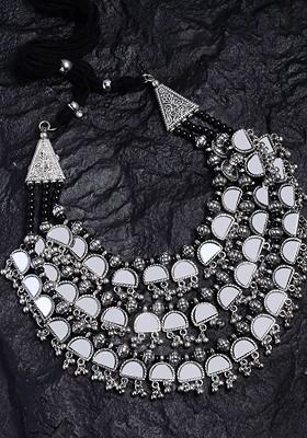 Silver Silver Toned And Black German Silver Solitaire Oxidised Necklace