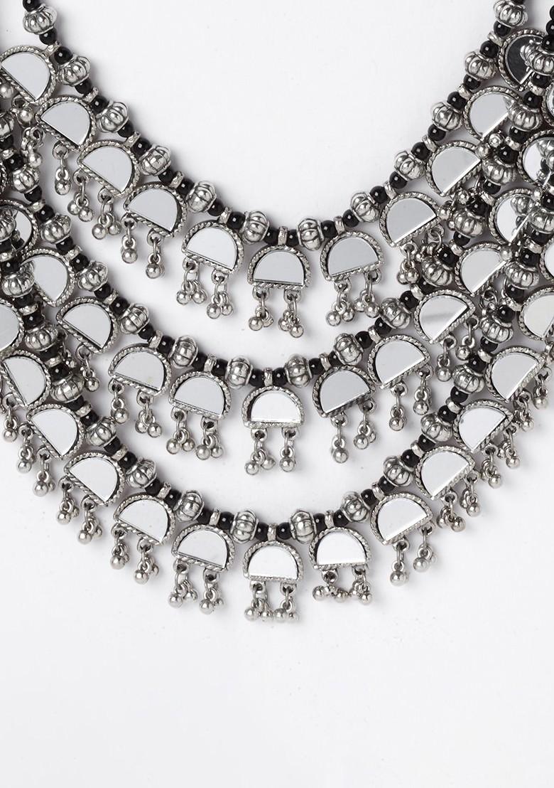 Silver Silver Toned And Black German Silver Solitaire Oxidised Necklace