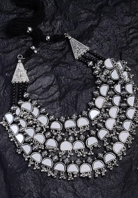 Silver Silver Toned And Black German Silver Solitaire Oxidised Necklace