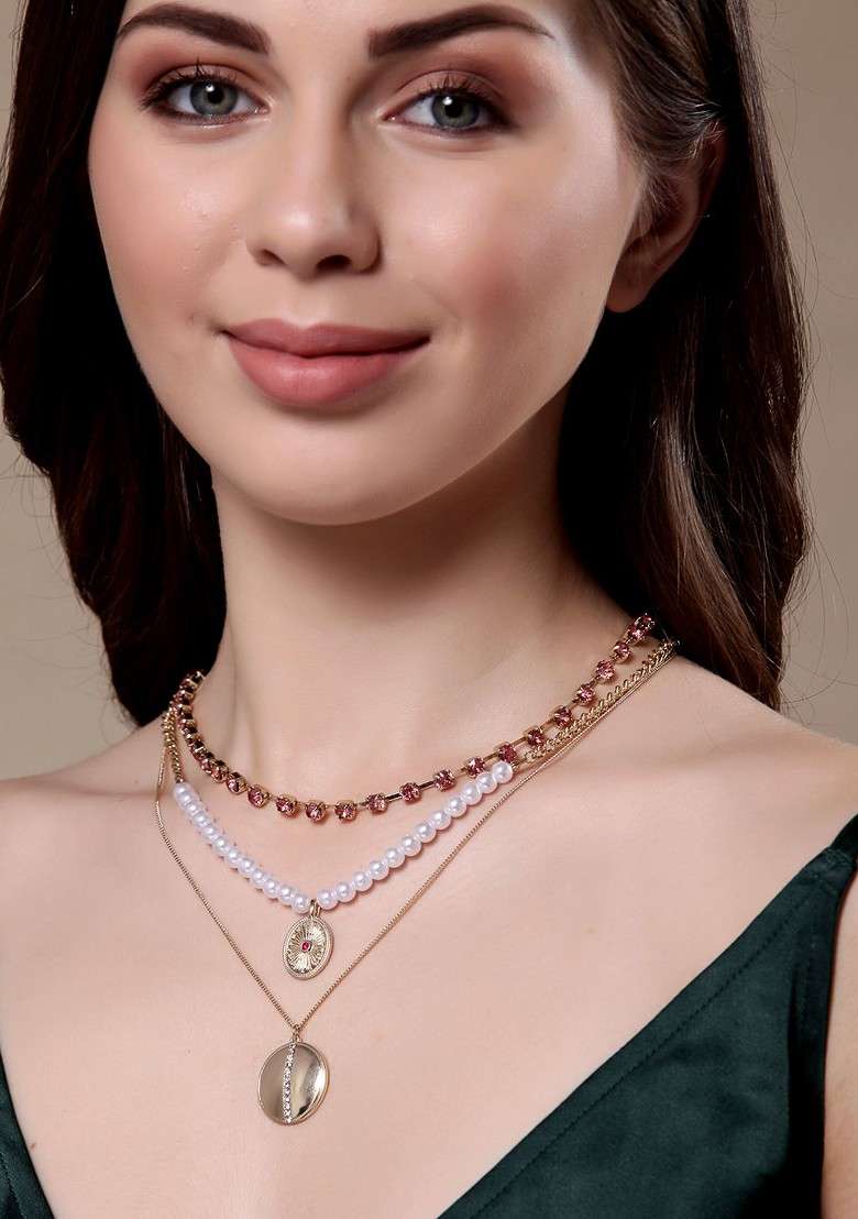 Gold Plated Pearls Cz Stone Studded Layered Necklace - Indya