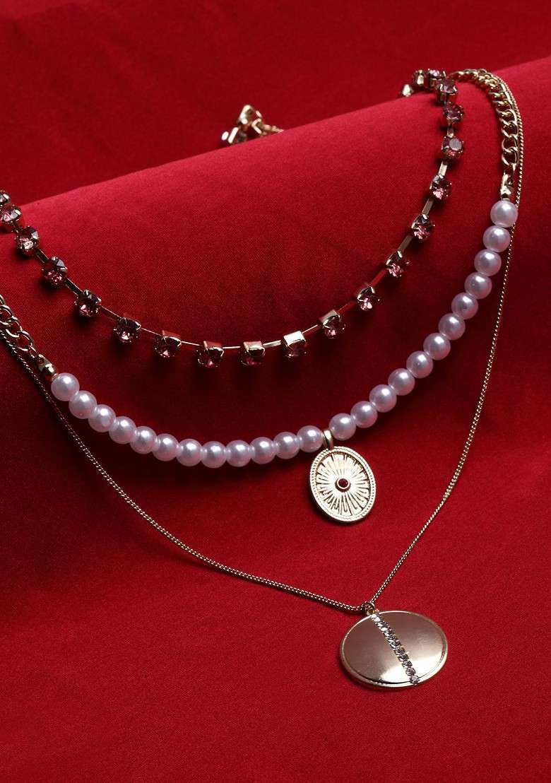 Gold Plated Pearls Cz Stone Studded Layered Necklace - Indya
