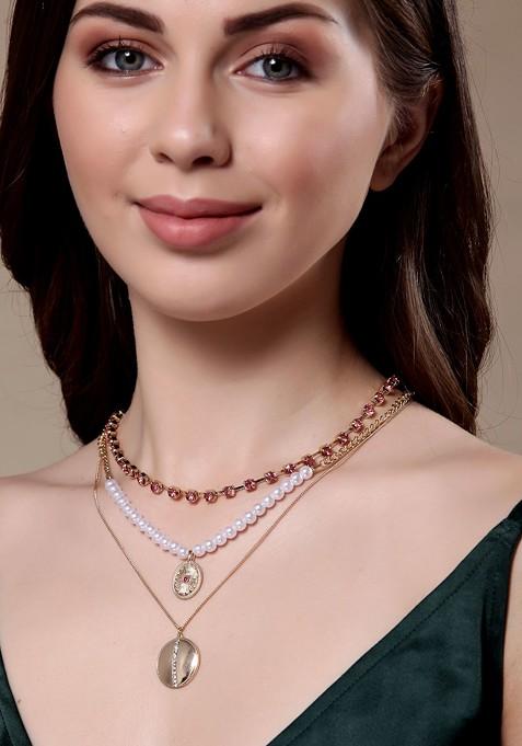 Gold Plated Pearls Cz Stone Studded Layered Necklace