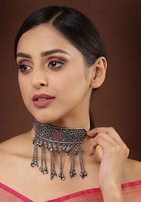 Silver Silver Toned And Red German Silver Oxidised Necklace