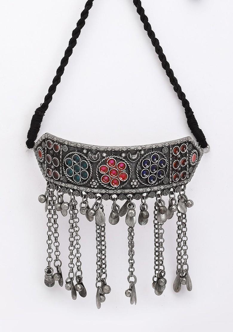 Silver Silver Toned And Red German Silver Oxidised Necklace