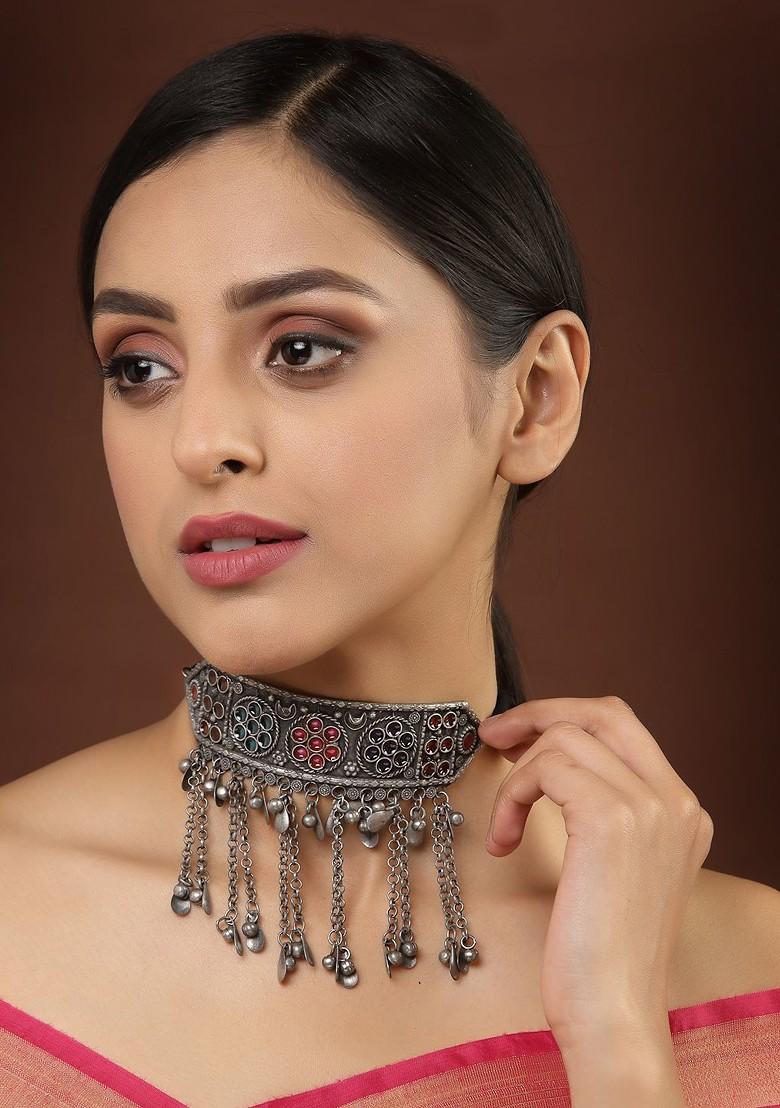 Silver Silver Toned And Red German Silver Oxidised Necklace