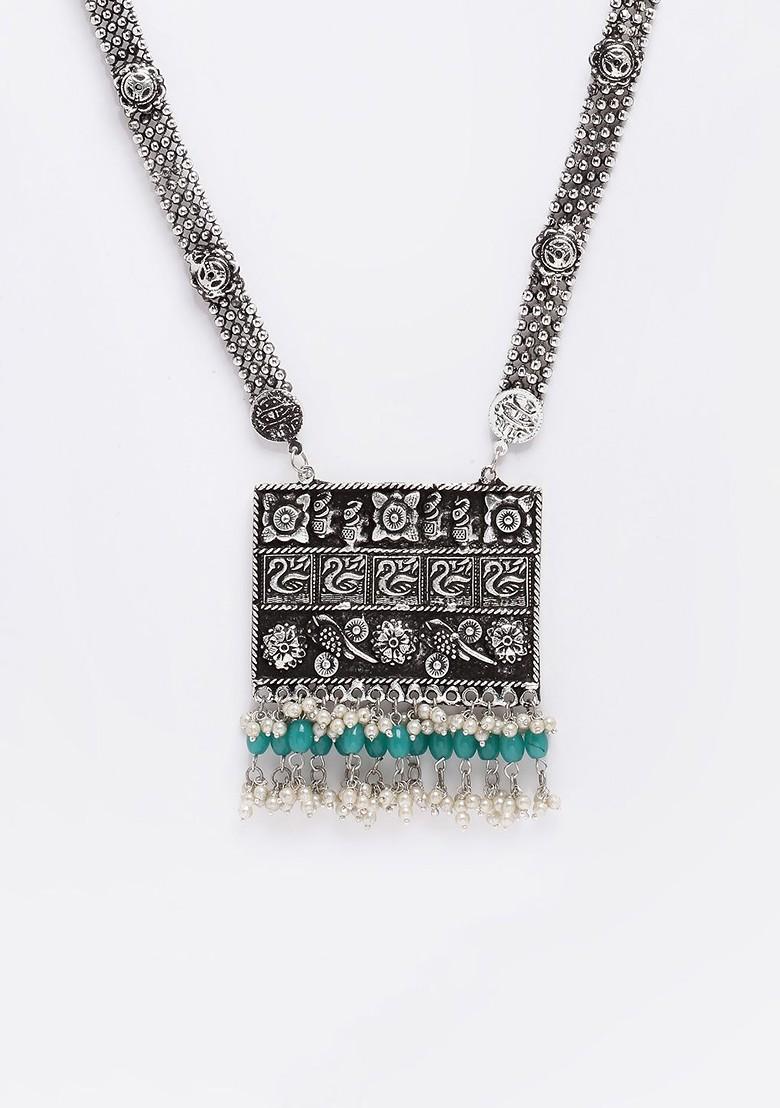 Silver Silver Toned And Green Brass Silver Plated Oxidised Necklace