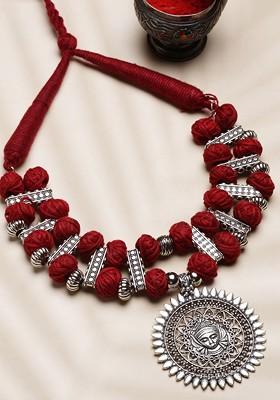 Silver Silver Toned And Maroon German Silver Oxidised Necklace