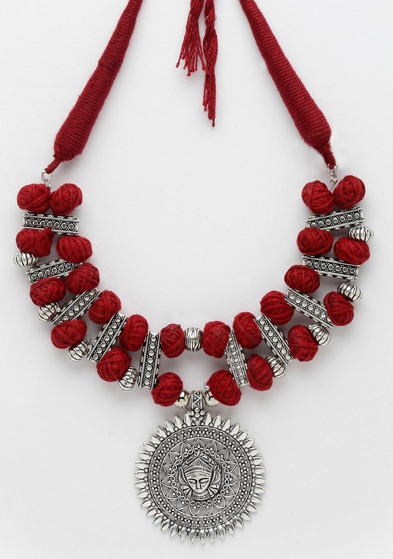 Silver Silver Toned And Maroon German Silver Oxidised Necklace