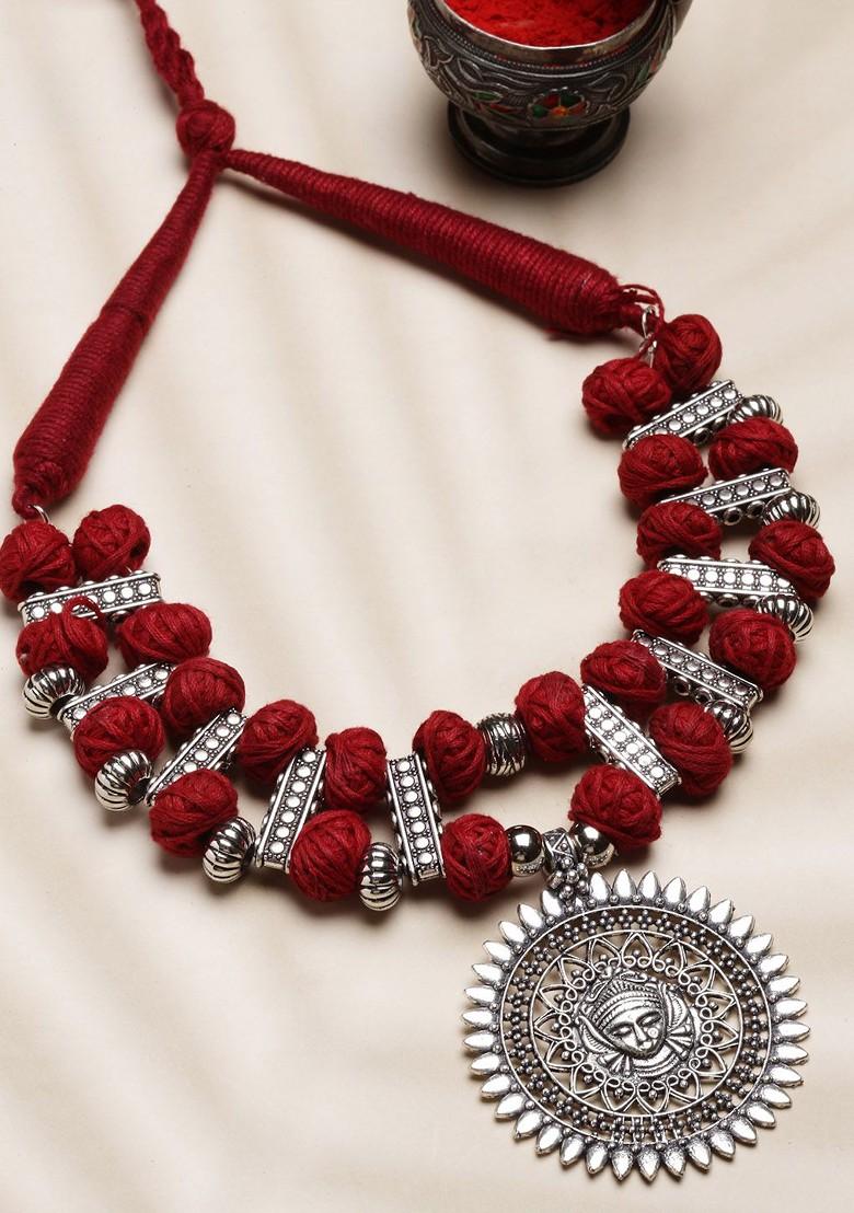 Silver Silver Toned And Maroon German Silver Oxidised Necklace