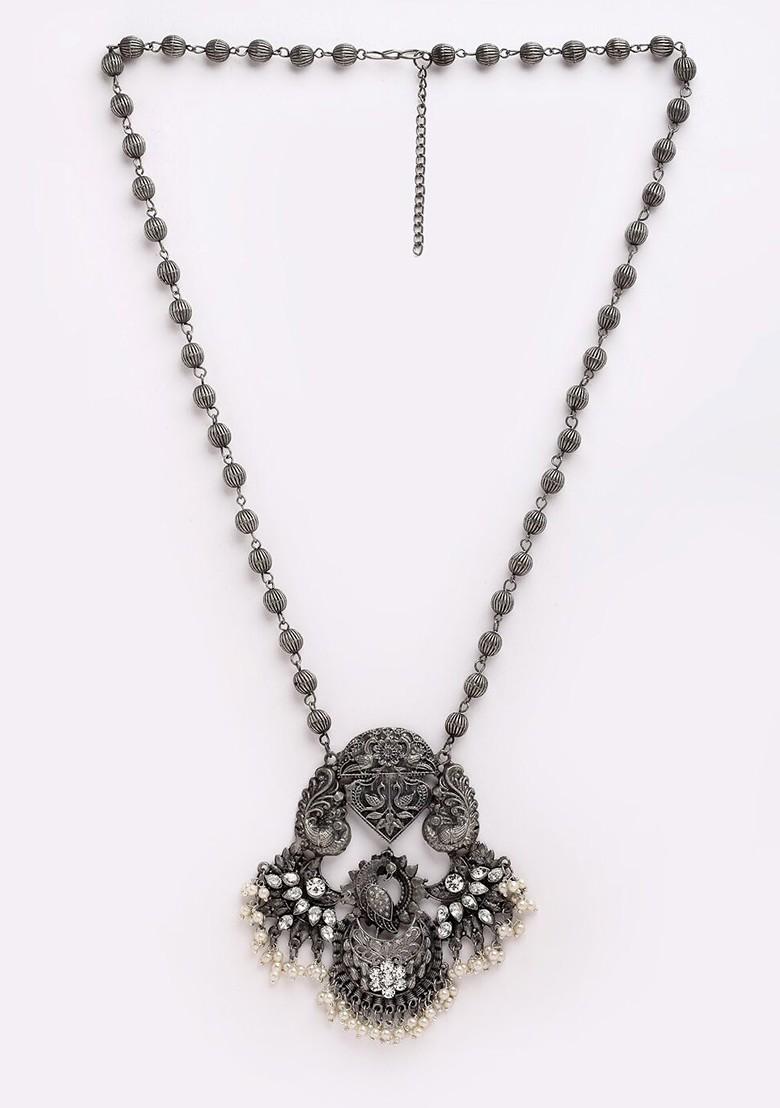 Silver Silver Toned Kundan And Beads Peacock Shaped Oxidized Necklace