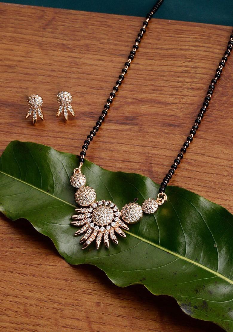 Gold Plated Ad Stone Studded Beaded Mangalsutra With Earrings