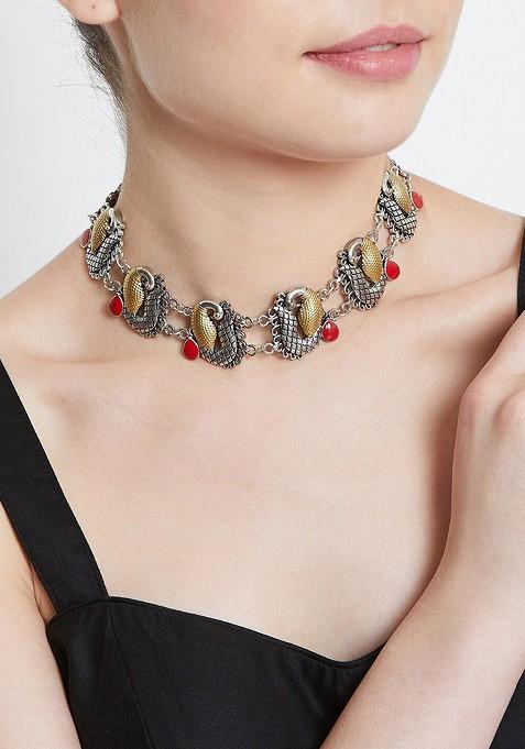 Silver Silver Plated Stones Oxidised Necklace