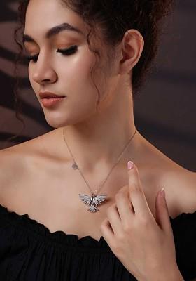 Silver Silver Plated Stone Studded Butterfly Shaped Brass Pendant With Chain