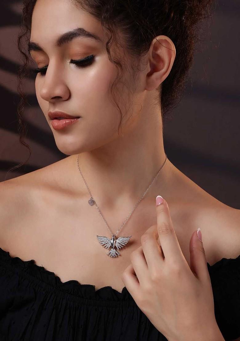 Silver Silver Plated Stone Studded Butterfly Shaped Brass Pendant With Chain