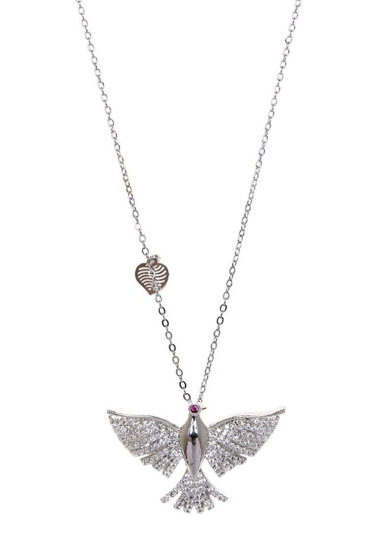 Silver Silver Plated Stone Studded Butterfly Shaped Brass Pendant With Chain