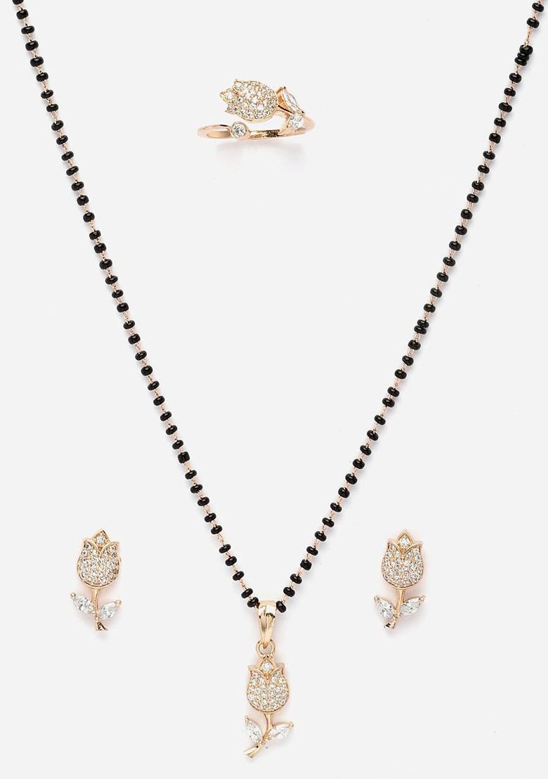 Gold Plated American Diamond Studded And Beaded Mangalsutra With Earrings And Ring