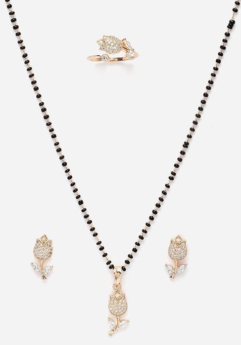 Gold Plated American Diamond Studded And Beaded Mangalsutra With Earrings And Ring