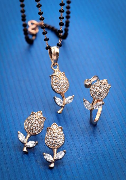 Gold Plated American Diamond Studded And Beaded Mangalsutra With Earrings And Ring