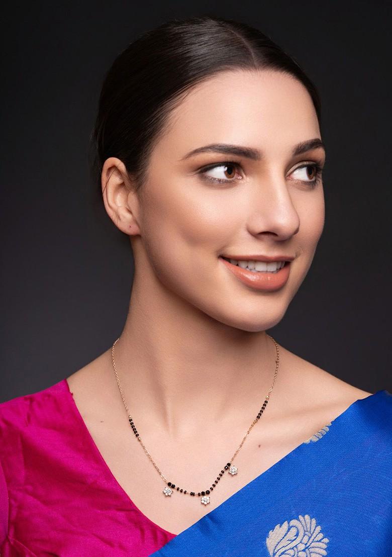 Gold Plated American Diamond Stone Studded And Beaded Mangalsutra