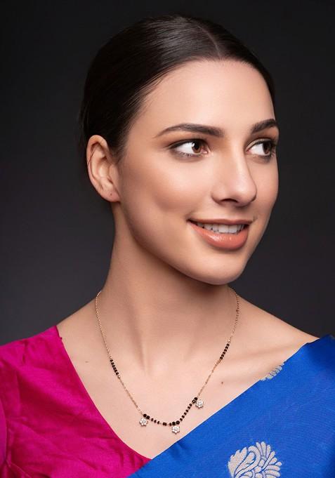 Gold Plated American Diamond Stone Studded And Beaded Mangalsutra