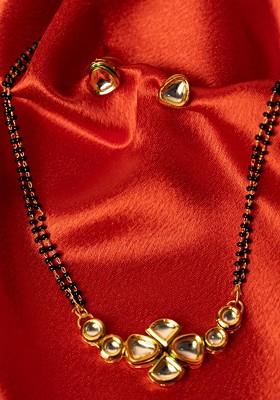 Gold Plated American Diamond Studded And Beaded Mangalsutra With Earrings