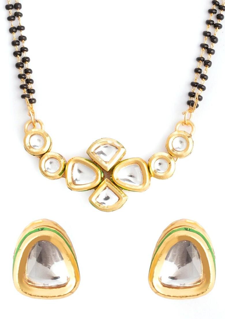 Gold Plated American Diamond Studded And Beaded Mangalsutra With Earrings