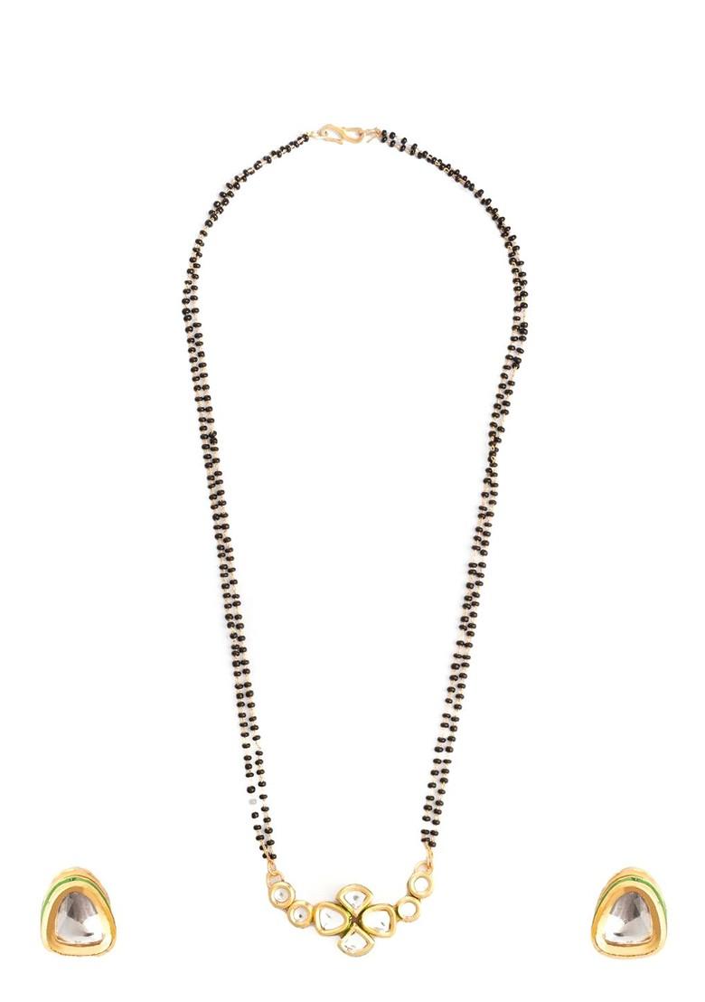 Gold Plated American Diamond Studded And Beaded Mangalsutra With Earrings