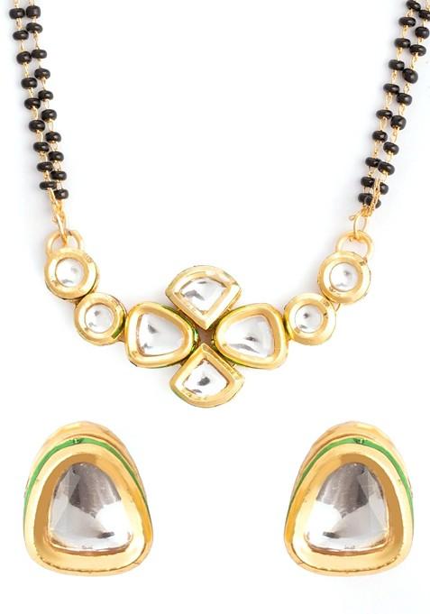 Gold Plated American Diamond Studded And Beaded Mangalsutra With Earrings