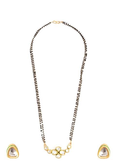 Gold Plated American Diamond Studded And Beaded Mangalsutra With Earrings