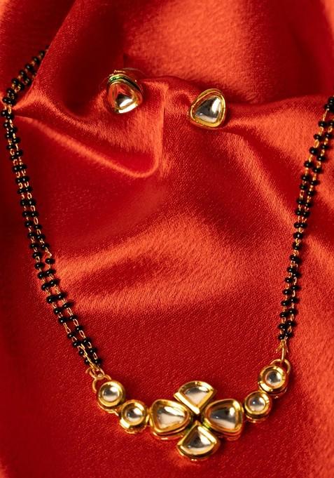 Gold Plated American Diamond Studded And Beaded Mangalsutra With Earrings