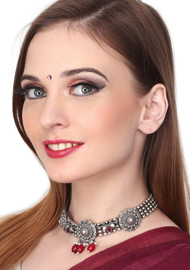Brass Silver Plated Stone Studded Oxidised Choker