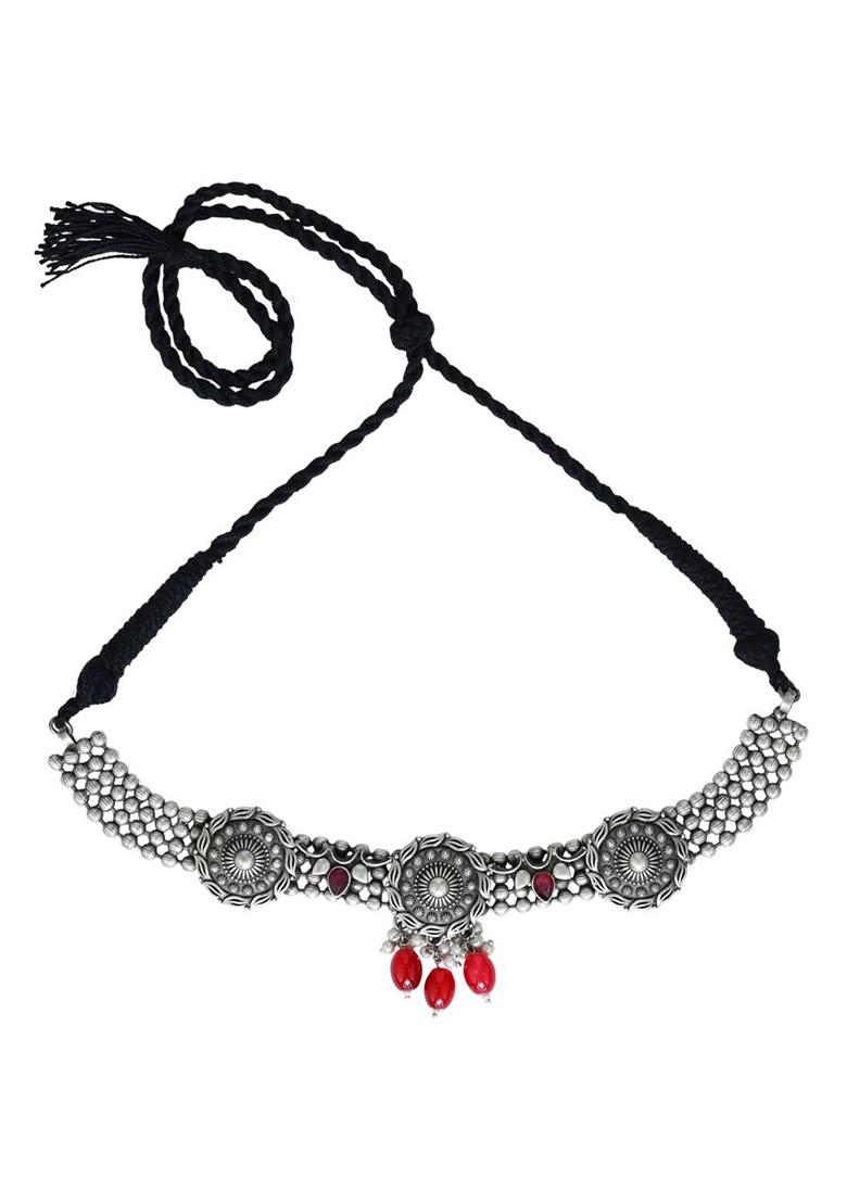 Brass Silver Plated Stone Studded Oxidised Choker
