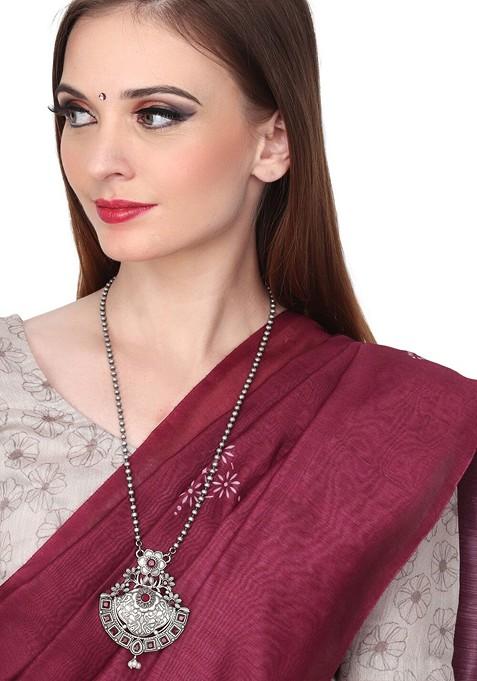 Brass Silver Plated Oxidised Ad Stone Studded Statement Necklace