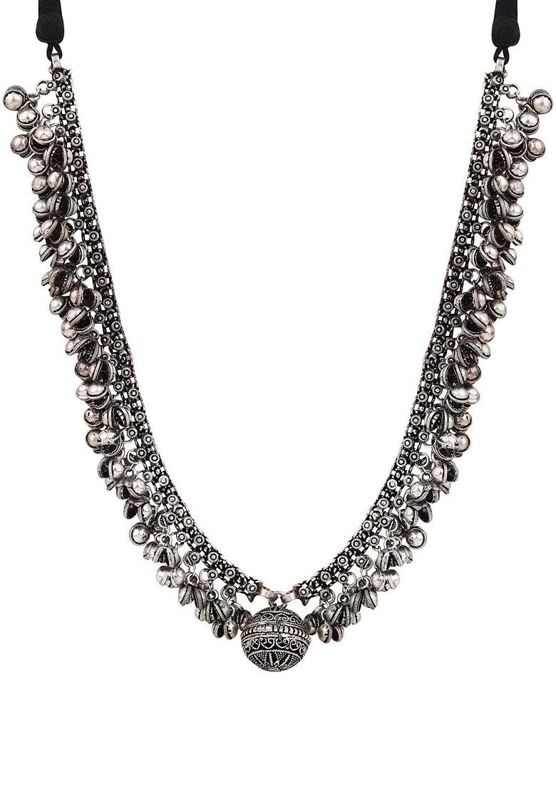 Silver Plated Oxidised Ghungroo Statement Necklace