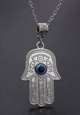 Silver Plated Hamza Eveil Eye Pendant Chain Necklace