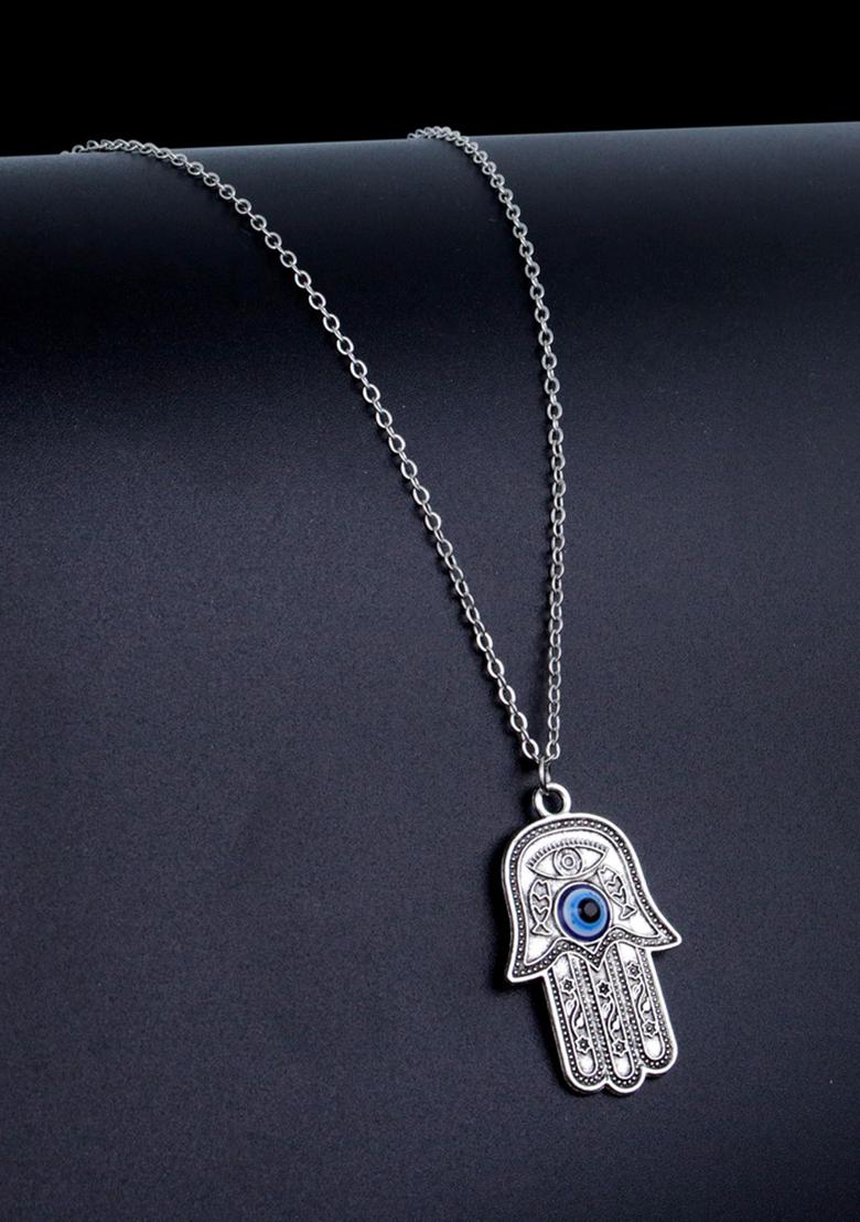 Silver Plated Hamza Eveil Eye Pendant Chain Necklace