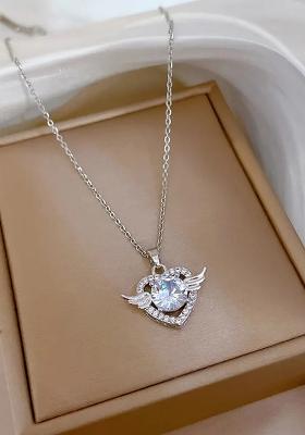 Silver Plated Stainless Steel Angel Wing Diamond Chain Necklace