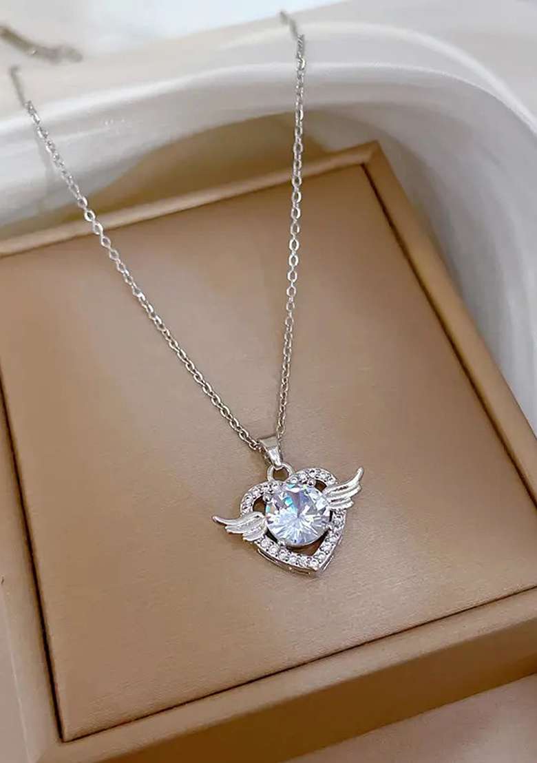 Silver Plated Stainless Steel Angel Wing Diamond Chain Necklace - Indya