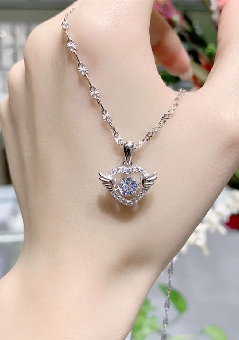 Silver Plated Stainless Steel Angel Wing Diamond Chain Necklace - Indya
