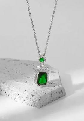 Silver Plated Emarald Stone With Cubic Zirconia Interlocked Pendant Chain Necklace