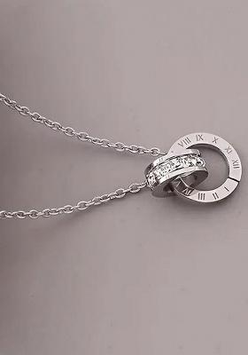 Silver Plated And Cubic Zirconia Interlocked Ring Design Pendant Chain Necklace