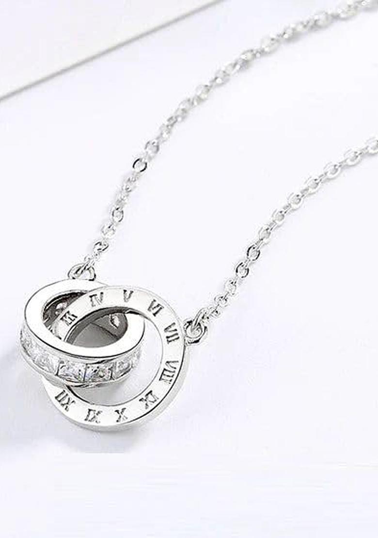 Silver Plated And Cubic Zirconia Interlocked Ring Design Pendant Chain Necklace