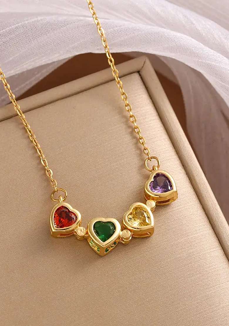 Gold Plated Stainless Steel Hearts Clover Magnetic Pendant Chain Necklace - Indya