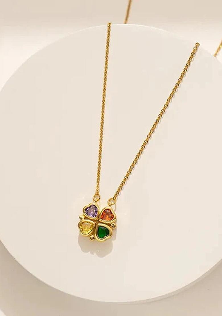 Gold Plated Stainless Steel Hearts Clover Magnetic Pendant Chain Necklace