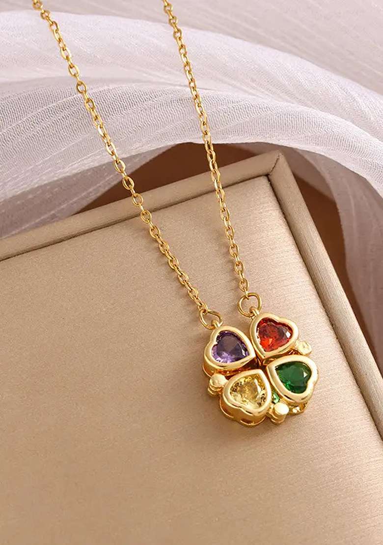 Gold Plated Stainless Steel Hearts Clover Magnetic Pendant Chain Necklace - Indya